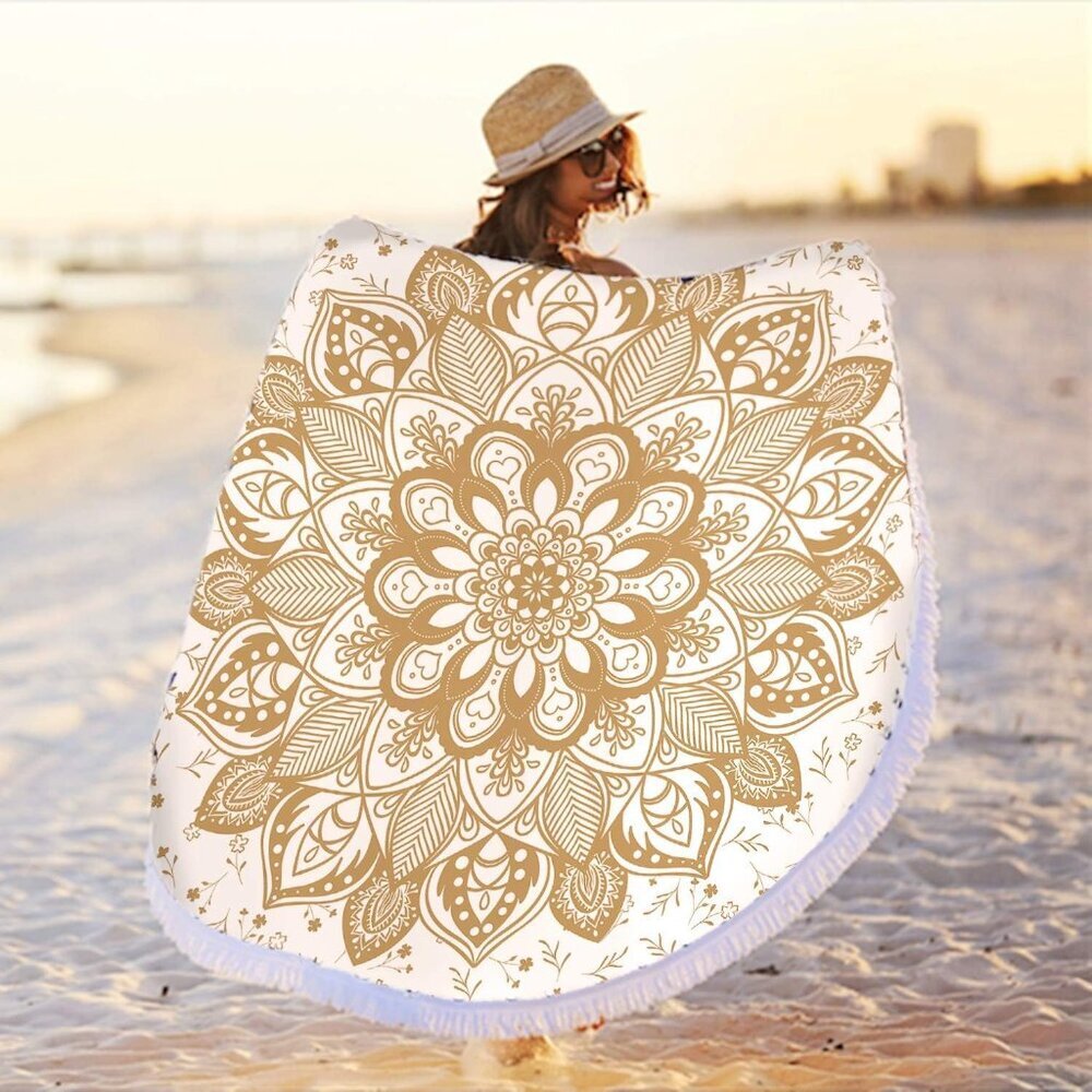 Oversized Round Gold Yellow Mandala Beach Towel Blanket, Microfiber Soft Sand Fr